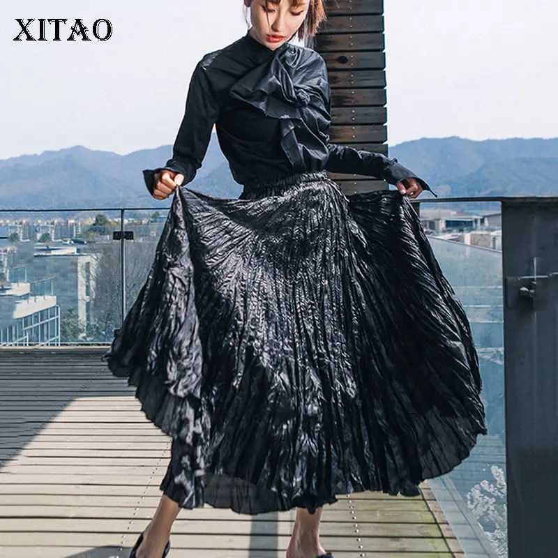 

XITAO More Pleated More Beauty Vintage High Waist Skirt Women Korea Fashion Elastic Waist Irregular Autumn Elegant Skirt GCC1165