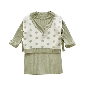 

Newborn Baby's Girls Set Two-Piece Long Sleeve Dress Sleeveless Vest Girls Cotton Knit Dot Warm Sweater Autumn And Winter