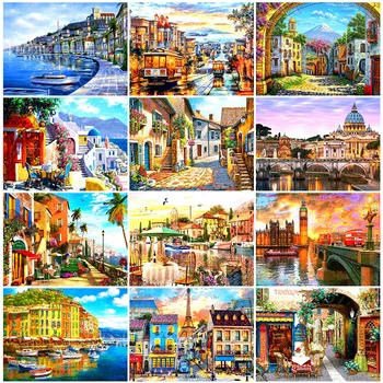 

HUACAN 5D Diamond Painting Landscape Full Square Diamond Art Embroidery Town Mosaic Handmade Home Decoration Gift