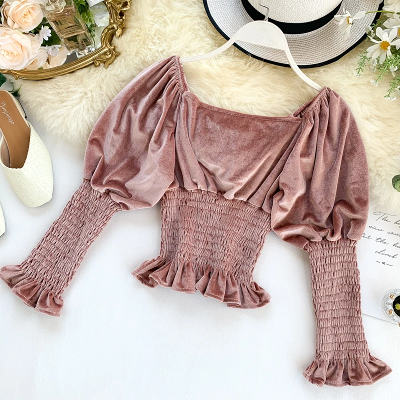 Goedkoop Chic Retro Lange Bladerdeeg Mouw Elastische Taille Afslanken Korte Tops Vrouwen Geplooide Fluwelen Vierkante Hals Effen Kleur Blouse Shirts J800