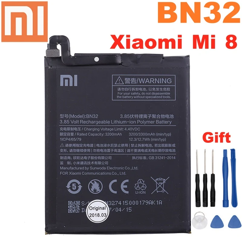 BN32 Xiao Mi 100% оригинальная запасная батарея для Xiaomi MI 8 аутентичная телефона Высокое качество 3300 мАч Бесплатные
