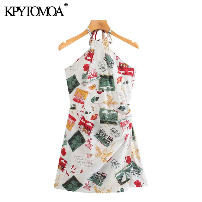 KPYTOMOA Women 2020 Chic Fashion Print Pleated Mini Halter Dress Vintage Sleeveless Backless Zipper Slim Female Dresses Mujer KPYTOMOA Women 2020 Chic Fashion Print Pleated Mini Halter Dress Vintage Sleeveless Backless Zipper Slim Female Dresses Mujer