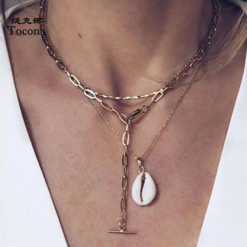 Tocona Bohemian Beach Natural Shell Stone Pendant Necklace for Women Long Chain Geometry Summer Jewelry Drop Shipping 8996