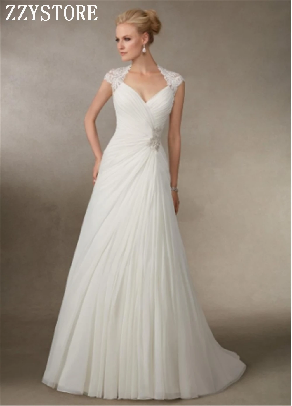 

Simple White Chiffon sheath Cap Sleeves V-Neck Court Train Bridal Gown Chiffon Beading Pleat Custom-Made Wedding Dresses 2019