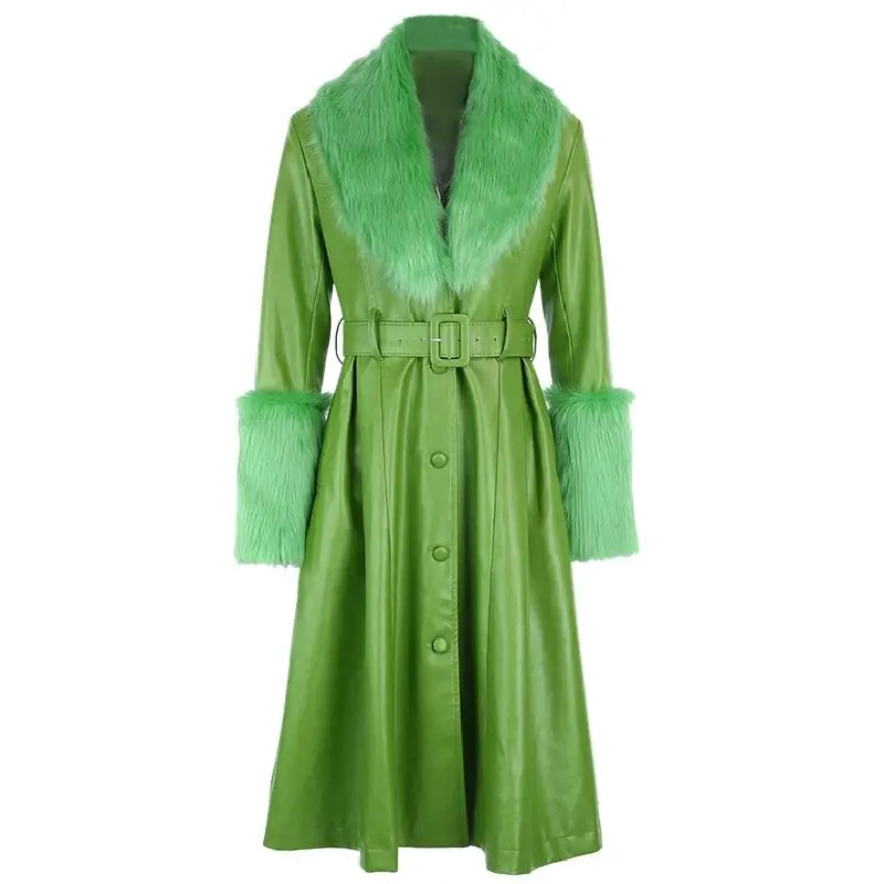 Длинные Зеленые кожаные пальто большой меховой воротник Pu длинное пальто Женская куртка из искусственной кожи