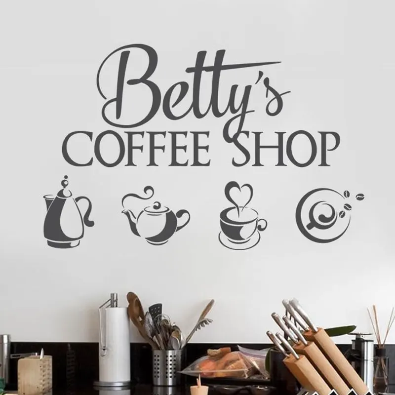 

Coffee Shop Sign Wall Sticker Vinyl Interior Design Window Decals Personalised Shop Name Decals Tea Set Teapot Murals A357