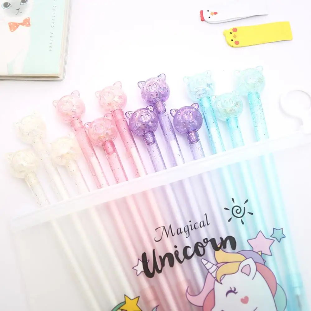 12Pcs/pack Novelty Fancy Rainbow Crystal Pig Gel Pens Animal Writing Painting Cute Kawaii Anime Pencil Case Bag Stationery Store