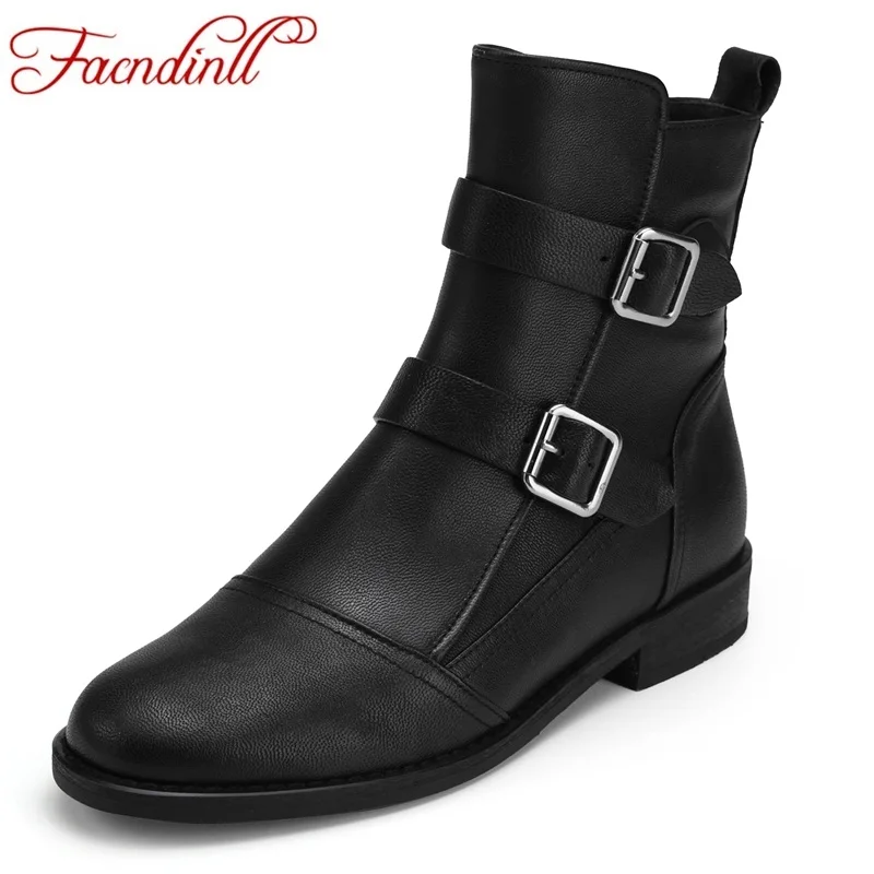 

FACNDINLL autumn winter genuine leather ankle boots for women low square heels zipper black red shoes woman motorcycle boots