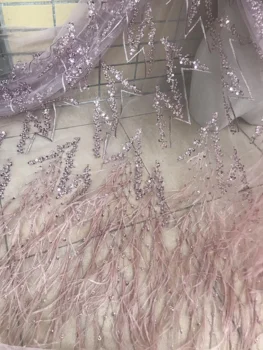 

Hot Sale french lace with sequins 5yards/lot african feather lace fabric L-98525 high quality african tulle lace