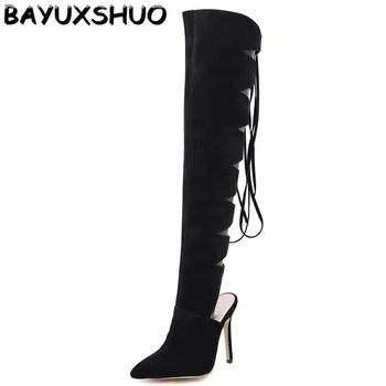 

BAYUXSHUO Autumn New Ladies Over the Knee Boots Fashion Lace-up Women Boots Comfortable Flock Roman Boots Pointed Stiletto Heels