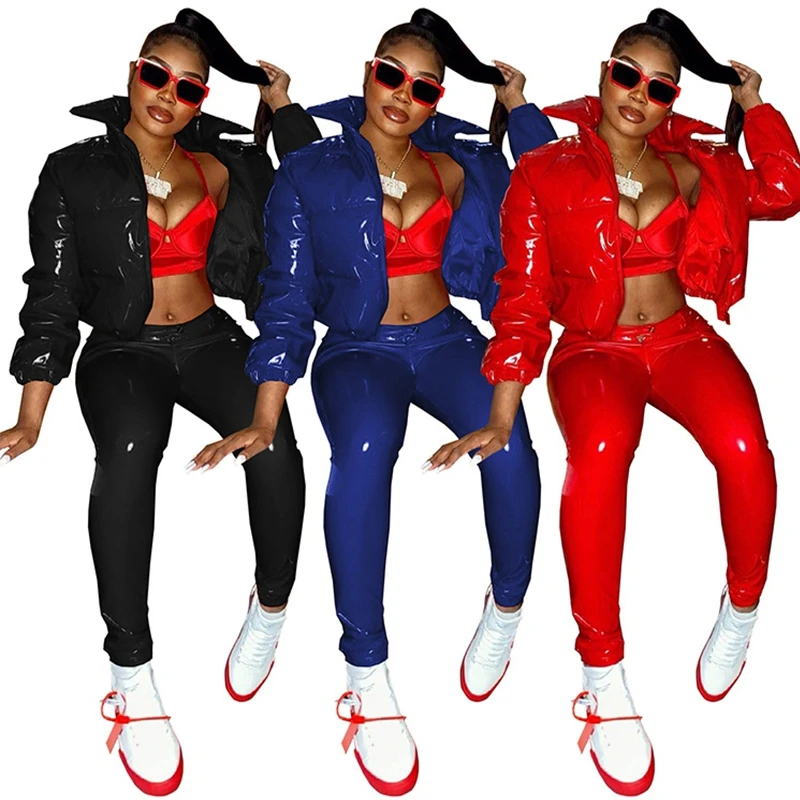 Women Fashion Bright Pu Solid Puffer Jacket Winter Warm Bubble Coats Shiny Leather Parkas Down Zipper Cropped Jackets Parkas