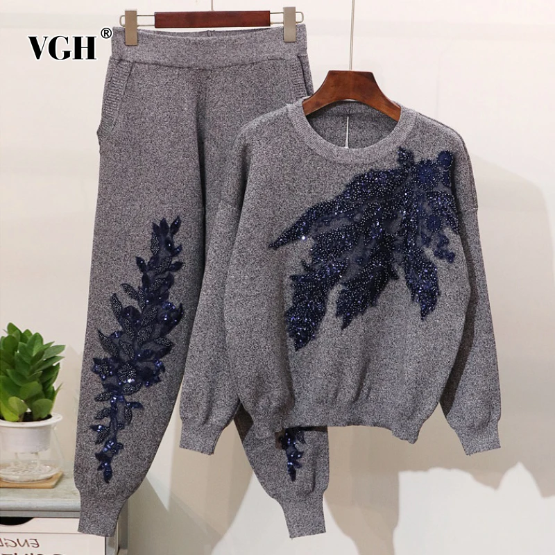

VGH Casual Embroidered Sequin Sets For Women O Neck Long Sleeve Tops High Waist Pants Print Two Piece Set Female Fashion New