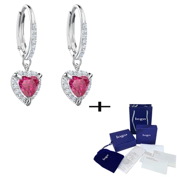 

SWA New Shiny Fashion Red Heart-shaped Crystal Pierced Earrings Elegant Temperament Feminine Romantic Jewelry Birthday Gift