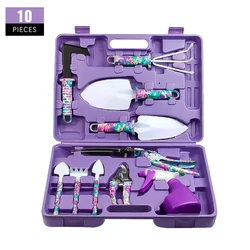 Ensemble d'outils de jardin, poignée en acier inoxydable, pelles, râteaux, sécateur, pulvérisateur, Kit d'outils manuels de jardin avec étui de transport 10 pièces 