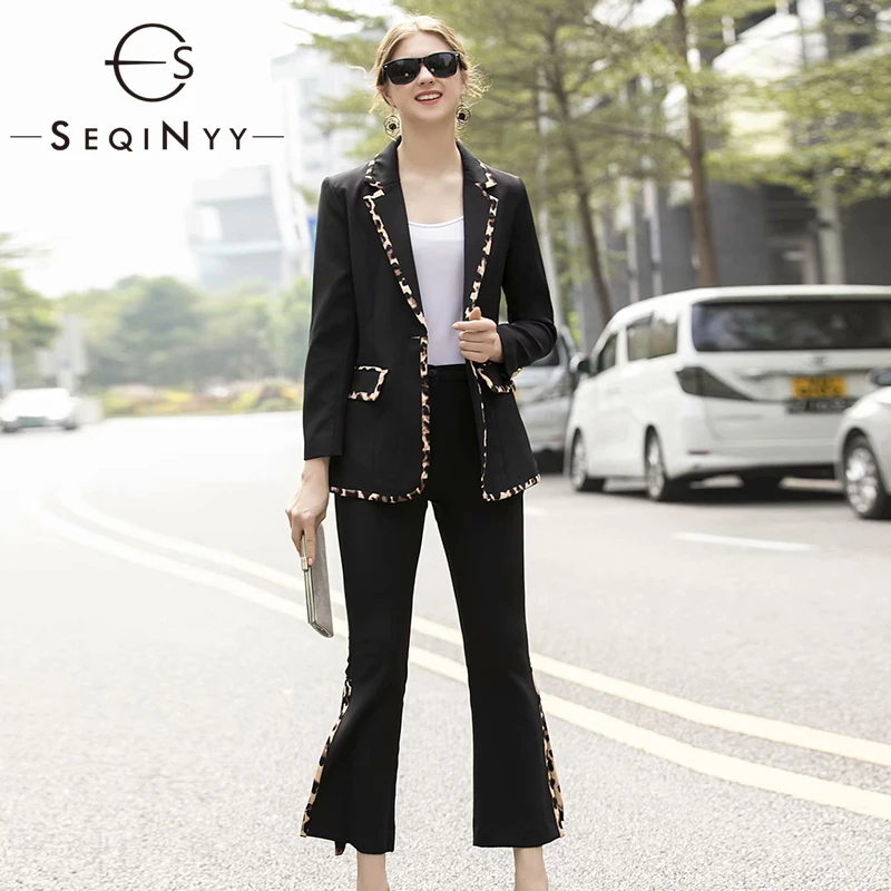 

SEQINYY Office Lady Set 2020 Spring Autumn New Fashion Design Leopard Print Blazer + Elastic Waist Flare Pants Black Slim Suit