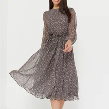 Robe élégante mi longue en mousseline de soie pour femmes, manches longues, col rond, décontractée, Vintage, automne 
