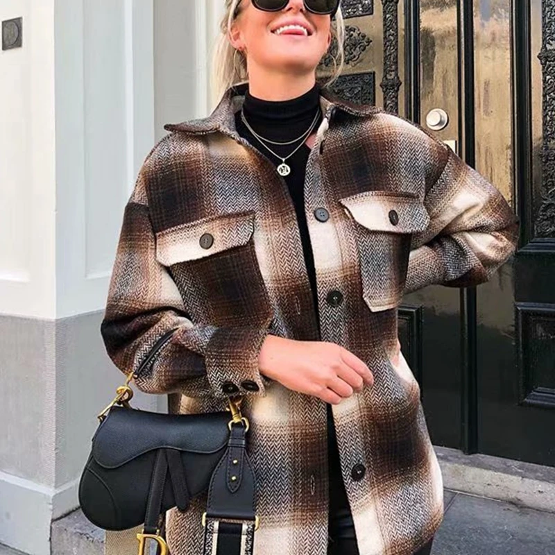 price reduction  Long sleeve coat plaid oversized jacket for winter coats and jackets women loose jacket vintage thi