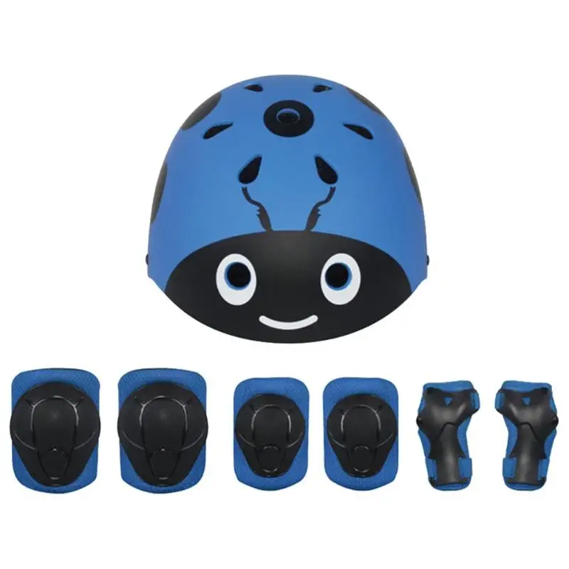 Black and blue 7pcs/Set Cute Kids Helmet Wide Scope of Application Practical Economy Bike Elbow Knee Wrist Safety Pads for Skating Cycling - Color: Black and blue