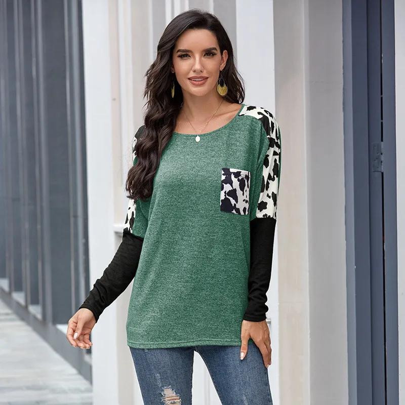 

Women T Shirt Leopard Stitching O-Neck Long Sleeve Streetwear Fashion Casual Loose Harajuku Plus Size Tops 2020 Spring Autumn