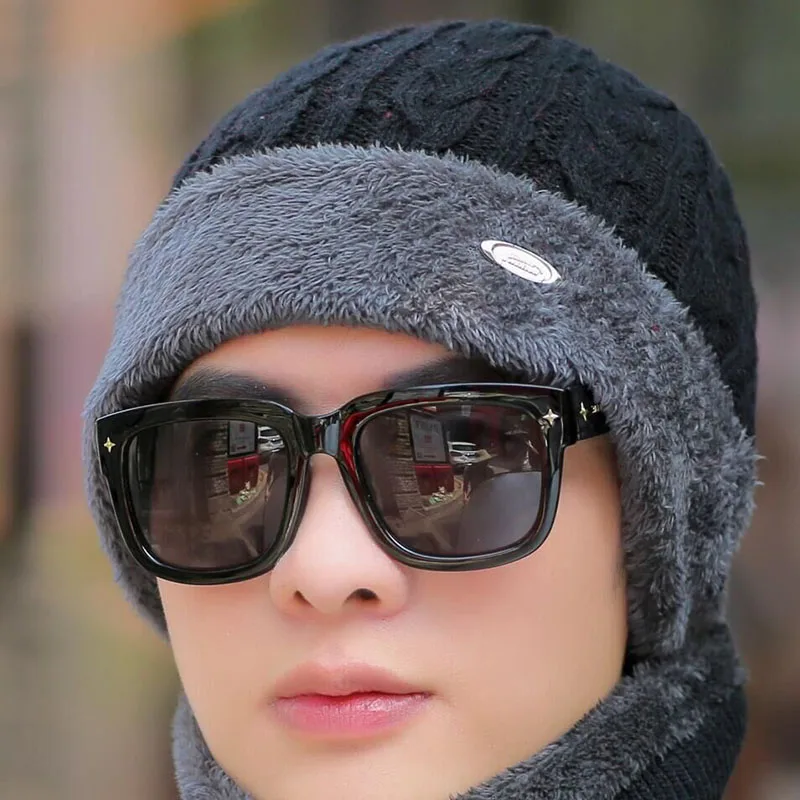 Брендовые зимние шапки для мужчин Skullies Beanies Мужская зимняя вязаная шапка из крученой пряжи шарф из шерсти женская маска капота мужская шапка - Цвет: black Hat