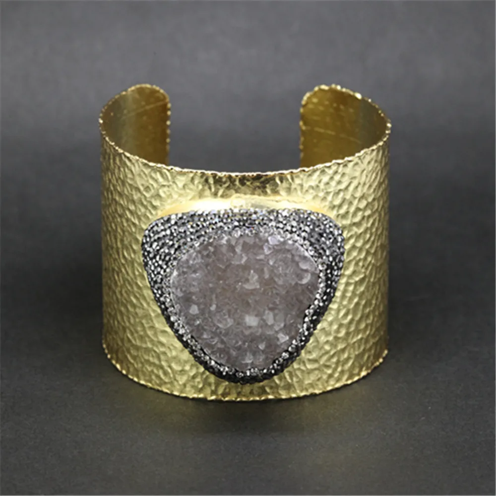 round rough raw grey druzy quartz stone paved rhinestone gold big open bangle charm adjustable for unisex luxury jewelry | Украшения и
