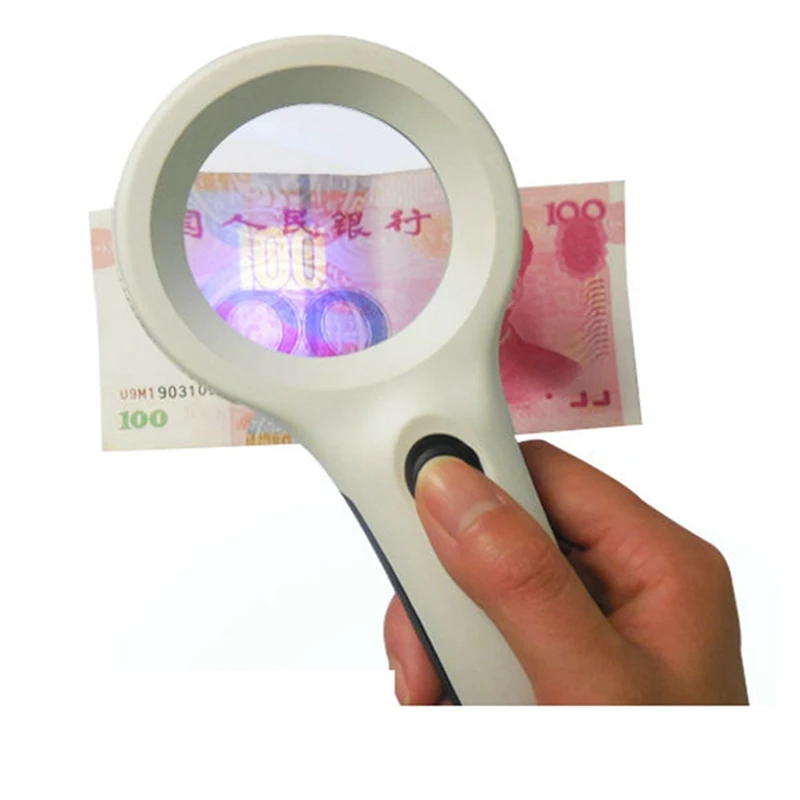 UV LED Handheld Magnifier 8 LED Illuminated Magnifying Glass with Skid Proof Handle Magnifier for Reading Currency Detecting 4X