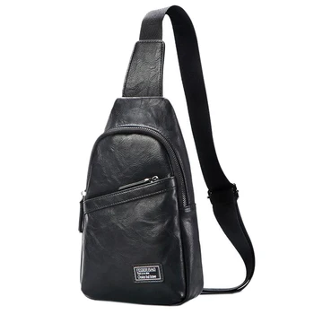 

FEGER Men Chest Bag Male Messenger Bags Zipper Crossbody Bag Fashion Shoulder Bag PU Black Earphone Hole Waterproof-black