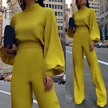 

Turtleneck Office Lady Yellow Jumpsuit For Women 2021 Black White Wide Leg Jumpsuits Spring Autumn Playsuit Long Sleeve Overalls