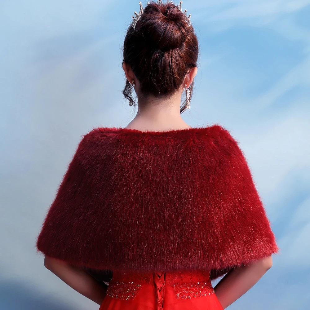 Женская бордовая Свадебная накидка, зимняя теплая шаль из искусственного меха, элегантная винтажная вечеринка, накидка на выпуск