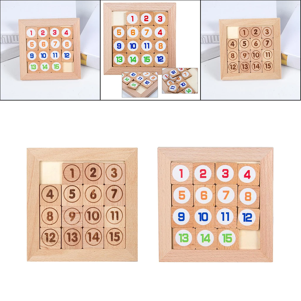 15 Sliding Tiles Puzzel Toy Math IQ Klotski Wooden Toys Educational Game 