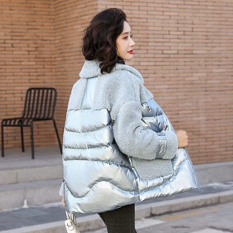 

Contrast Color Bright Surface Joint ke li rong Cotton Overcoat 2019 Winter New Style Thick Cotton Coat Fur