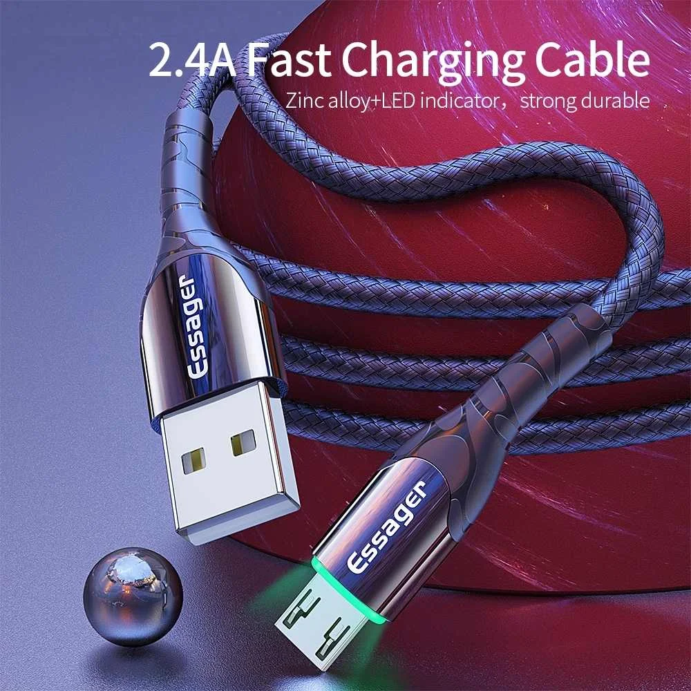 Essager Micro USB кабель со светодиодный кабель для быстрой зарядки данных Кабель зарядного устройства микро-usb для samsung Xiaomi Android мобильного телефона