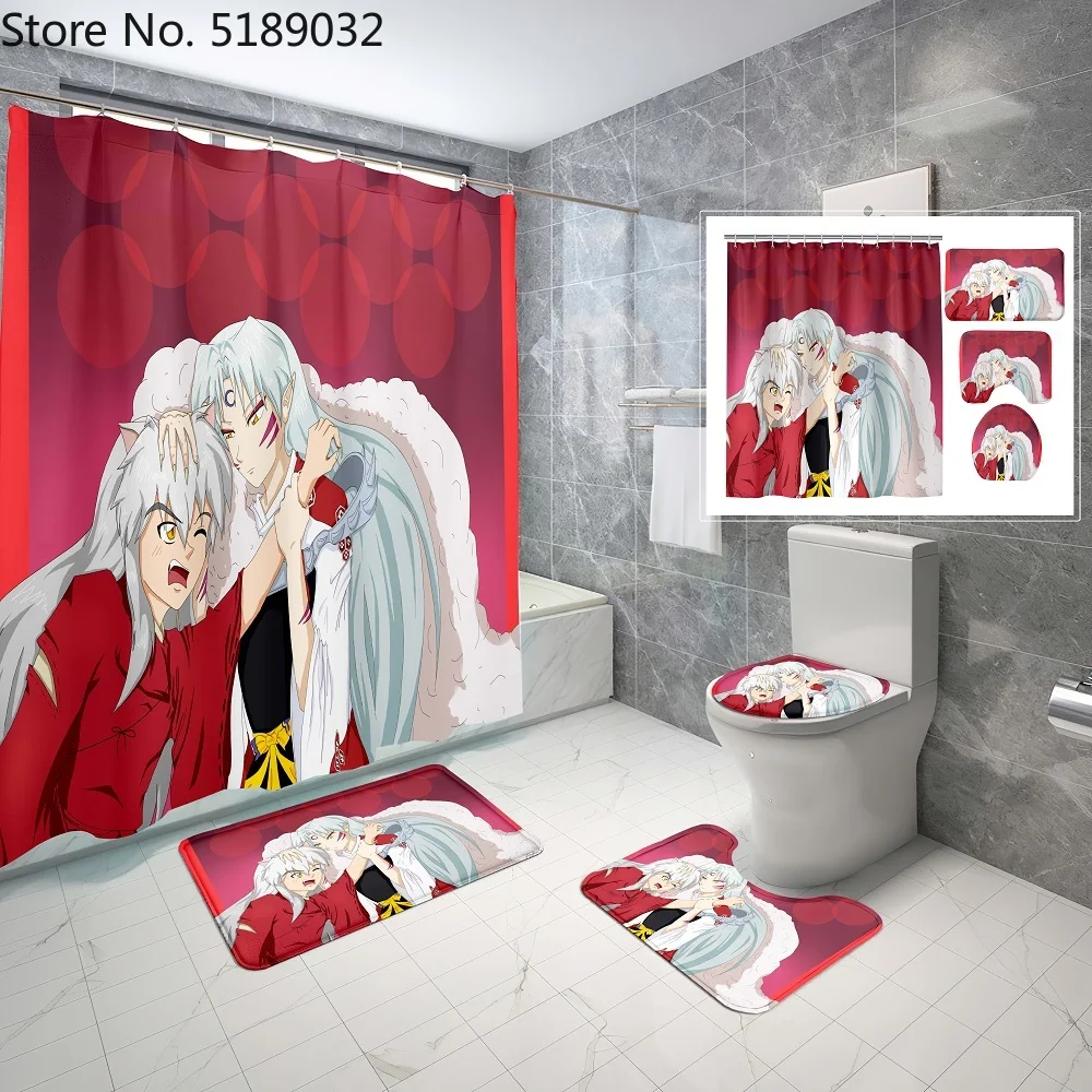Inuyasha Bath Curtain Set 4 Piece Waterproof Anime Shower Curtain Toilet Lid Cover Bath Rugs Japan Anime Bathroom Set Decor Shower Curtains Aliexpress