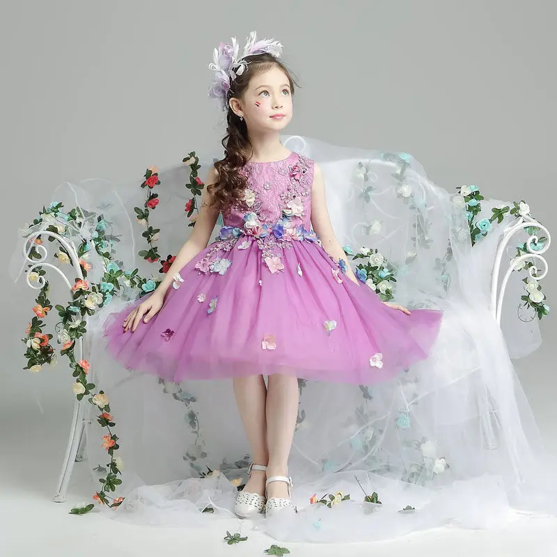 Flower Fairy Girls Dress Children Catwalks Formal Dress Flower Stickers Princess Skirt Purple Tutu New Style Summer