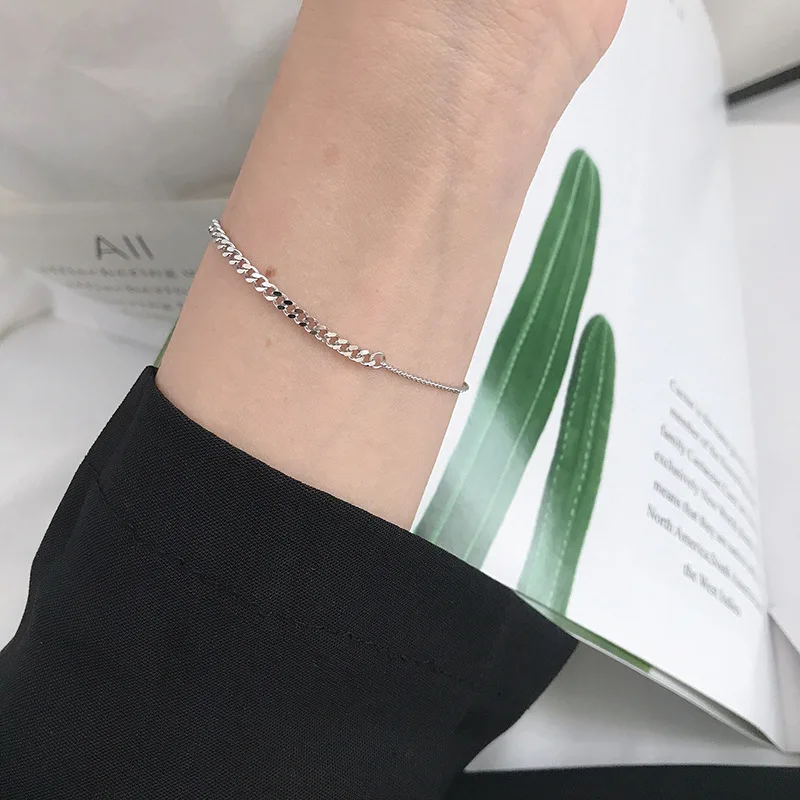 925 Sterling Silver Punk Simple Flat Splicing Chain Bracelet Women Adjustable Fashion Classic Party Jewelry Friendship Gift - Image 2