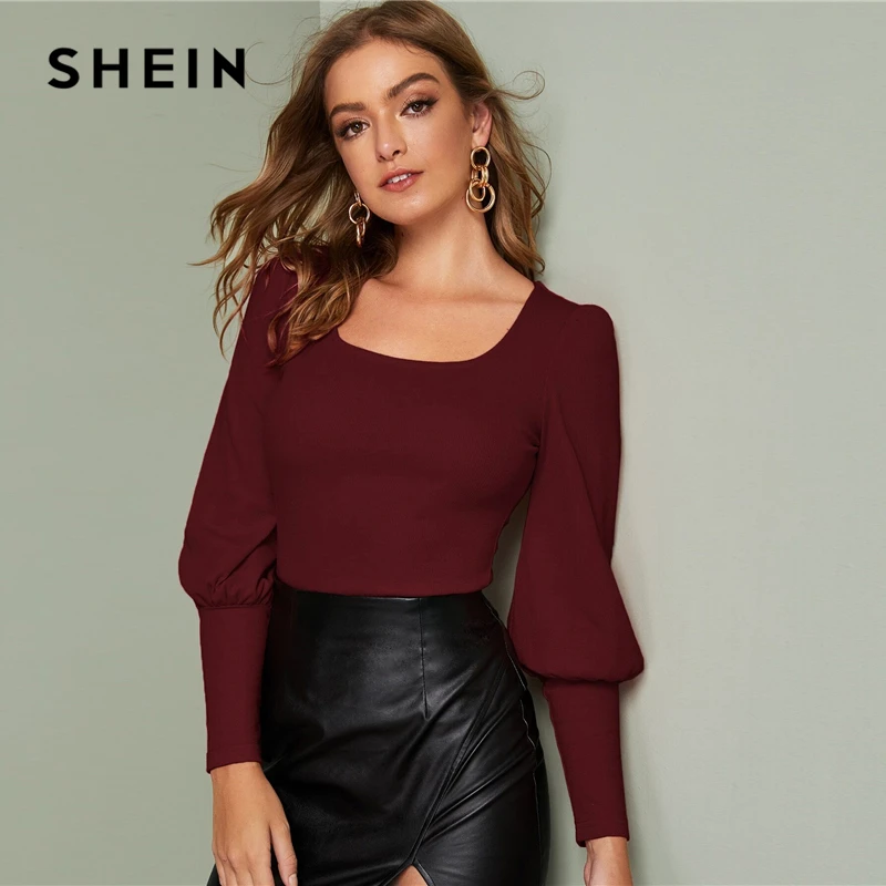 SHEIN Solid Leg-of-mutton Sleeve Top Slim Fitted Tee Autumn Scoop Neck Solid Office Ladies Elegant T-shirts