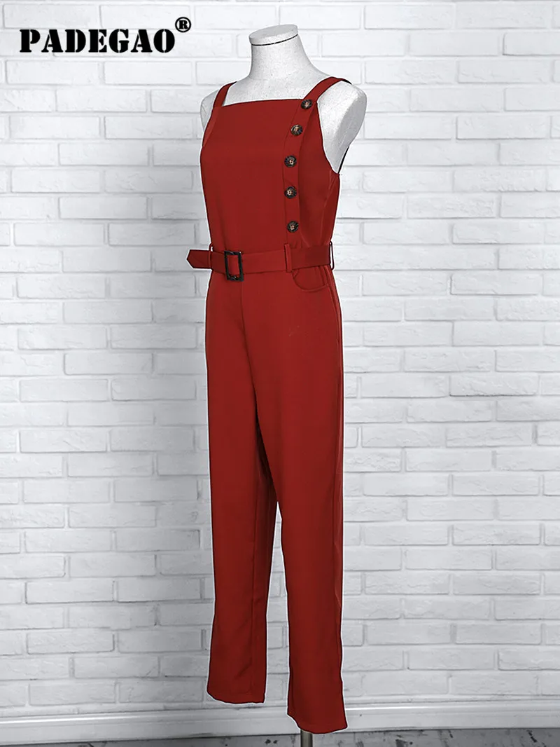 PADEGAO New Fashion Summer Women Elegant Casual Red Slinky Romper Woman Sleeveless Solid Color Button Design Jumpsuit