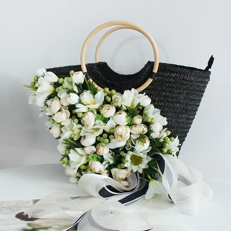 Women Fashion Summer Beach Bag Black Weave Rattan Artificial Flowers Studded Soft Scarves Straw Handbag Hat Suit Holiday Tote