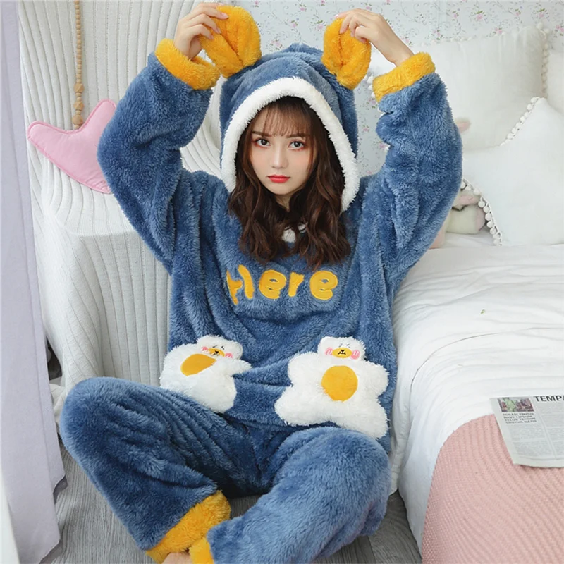 Coral Velvet Pajamas Women's Autumn and Winter Thickened Flannel Cute Cartoon Student Hooded Tracksuit Suit Sika Deer | Женская
