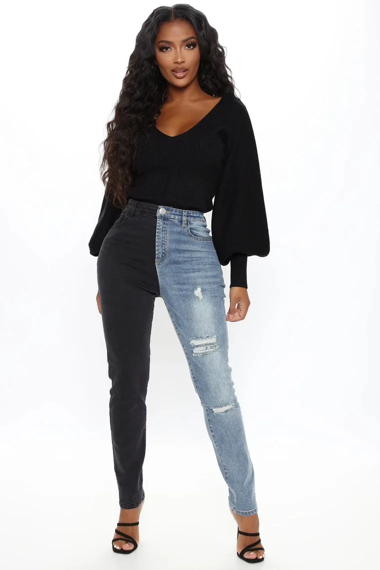 High Jeans Women Two-color Ripped Jean 
