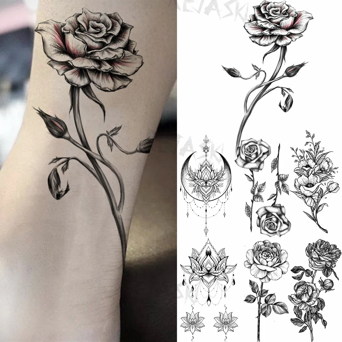 

Временные татуировки Little Rose Feet для женщин, букет для взрослых, лотос, луна, подвеска, искусственная татуировка, моющаяся картина для боди-арта, тату-наклейка