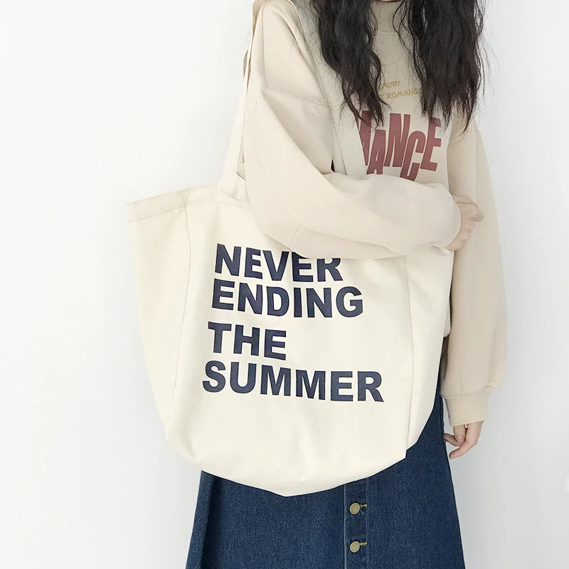 Angelatarch Новое поступление Корейская парусиновая сумка с буквенным принтом белого и бежевого цвета для покупок большая модная женская сумка через плечо
