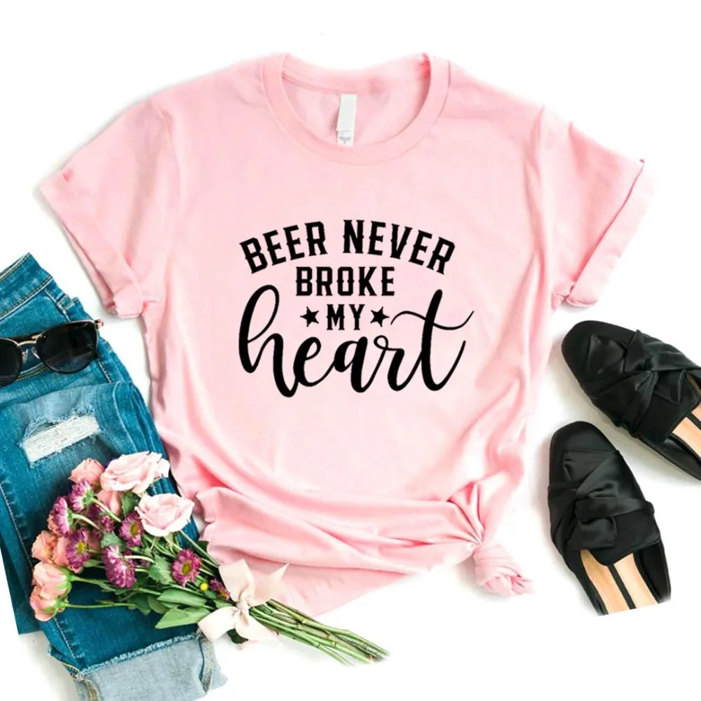 Женская футболка с принтом "Beer never broke my heart", хлопковая хипстерская забавная футболка, подарок для девушек, 6 цветов, топ, футболка, Прямая поставка, ZY-680