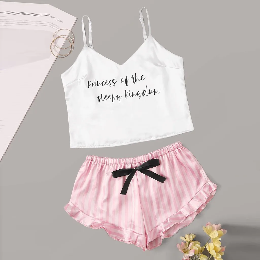 

Fashion Sexy Lingerie Pajamas For Women Home Clothes Stain Letter Print V-neck Camisole Sleepwear Shorts Lingerie Set S-XL