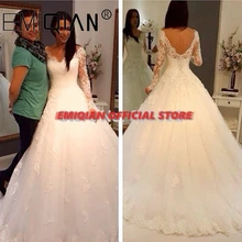 Кружевное свадебное платье Vestido de noiva, недорогое Тюлевое свадебное платье трапециевидной формы с v-образным вырезом и длинными рукавами на молнии сзади