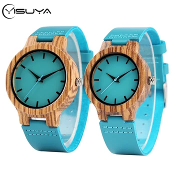 

YISUYA Royal Wood Watch Couple Wach Turquoise Blue Fashion Natural Bamboo Male Clock Hour Man Leather Women Dress Souvenir Gifts