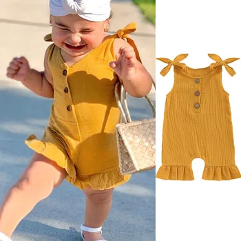 

Summer Newborn Baby Girl Clothes Sleeveless Solid Cotton Bowknot Button Romper Jumpsuit One-Piece Outfit Baby Girl Clothing 0-2T