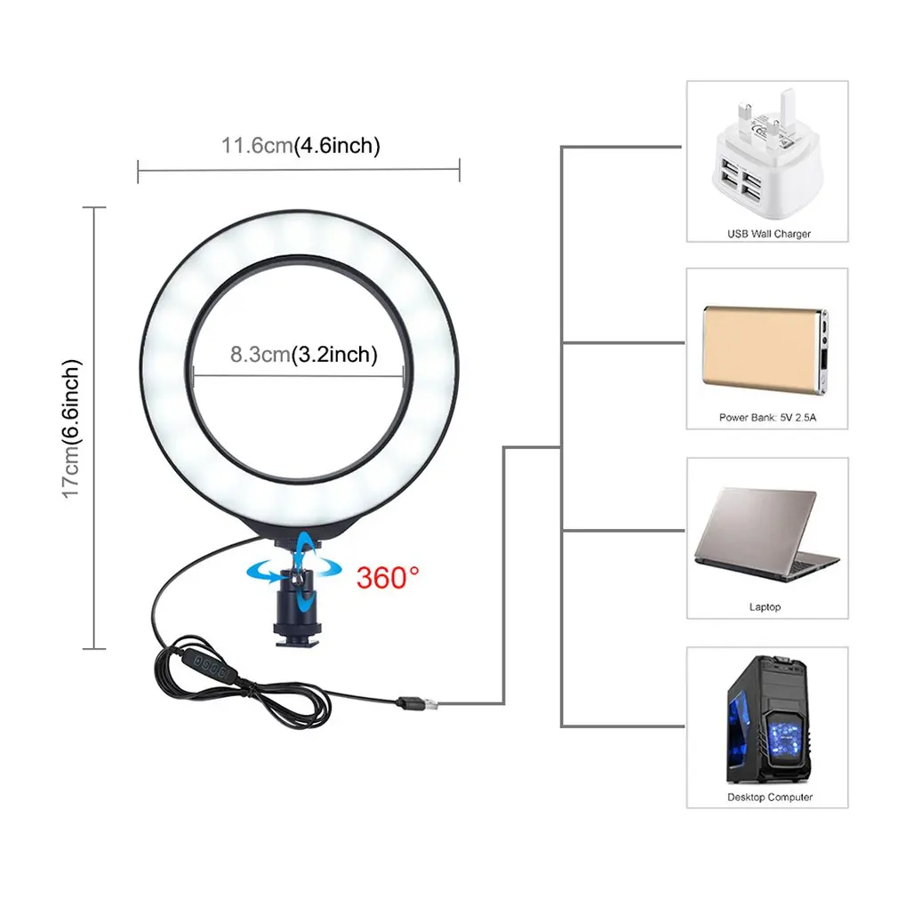 4.6/6.2 Inch USB 3 Modes Dimmable Led Ring Vlogging Photography Lights + Desktop Tripod Holder With Cold Shoe Tripod Ball Head