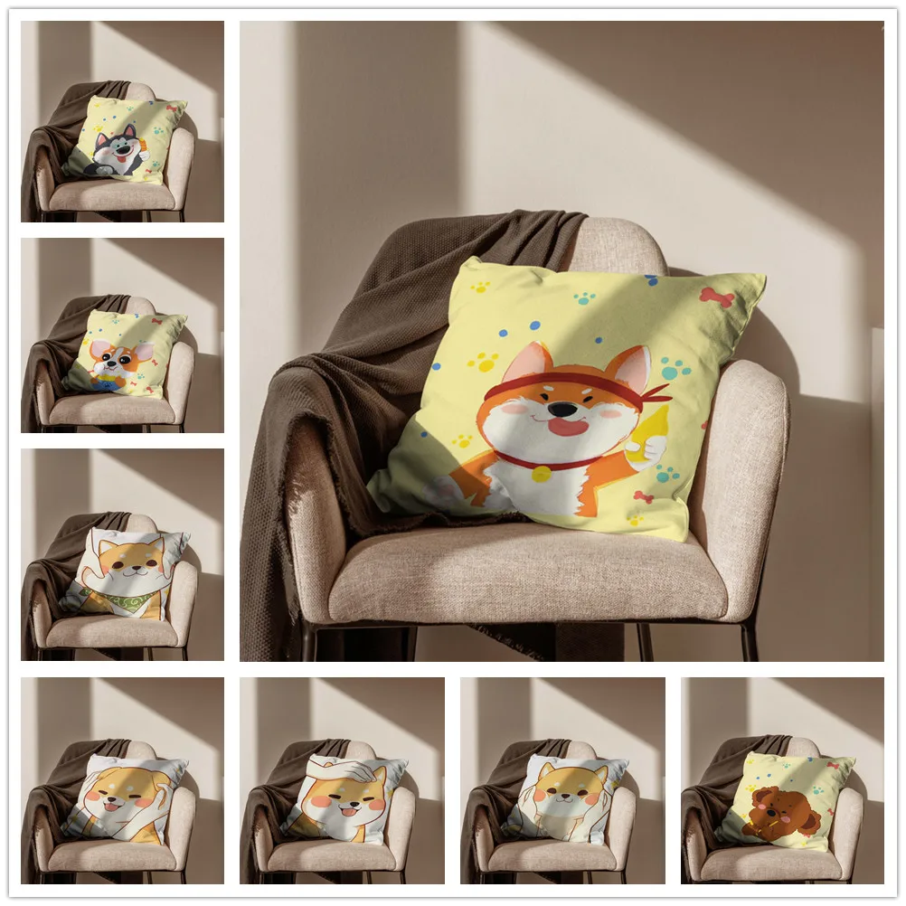 Shiba Dog head Puppy Cartoon Pattern Linen Cushion Cover Pillowcase Home Sofa Car Decoration 45X45Cm | Дом и сад