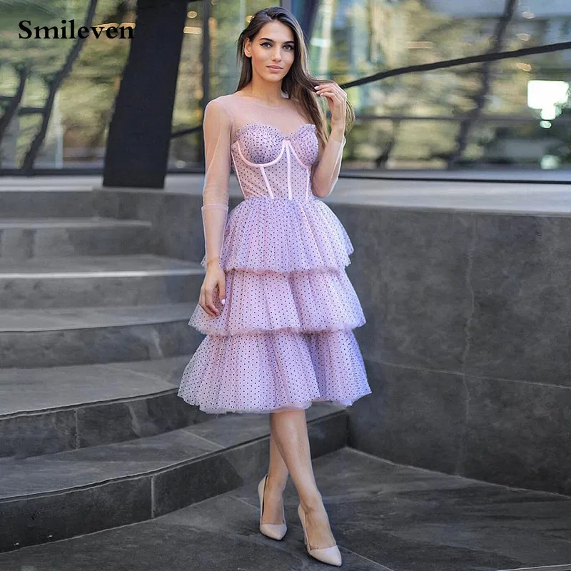 

Smileven Purple Dots Tulle Short Tiered Prom Dress Long Sleeve Evening Party Dresses 2021 Knee Length Special Occasion Gowns